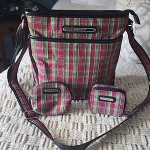 Vintage Discontinued Longaberger Red and Green "Orchard" Plaid Crossbody Bag Set